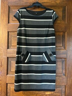 Tiana B. Black, Gray & White Striped Midi Shift Dress